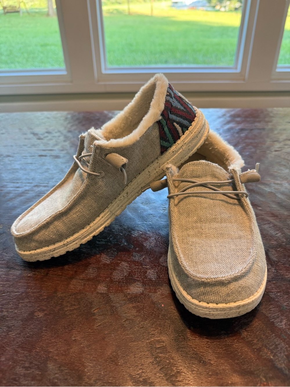Hey Dude Women's Light Beige Slip-On Loafers with Patterned Heel